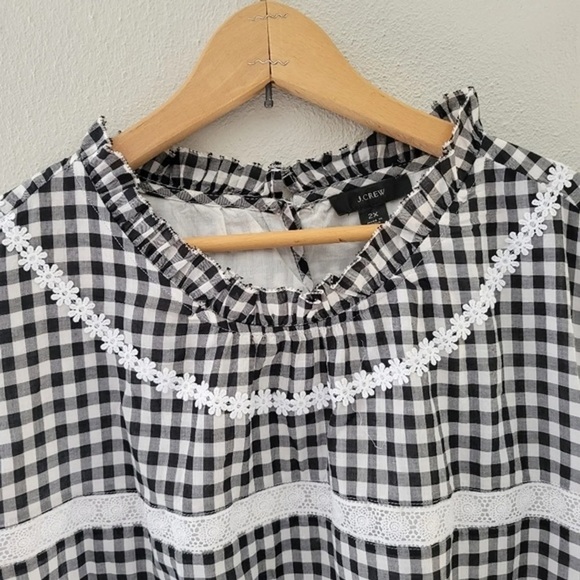 J Crew Gingham Check Daisy Lace Peplum Puff Sleeve Black White Top Size 2X - Picture 3 of 12